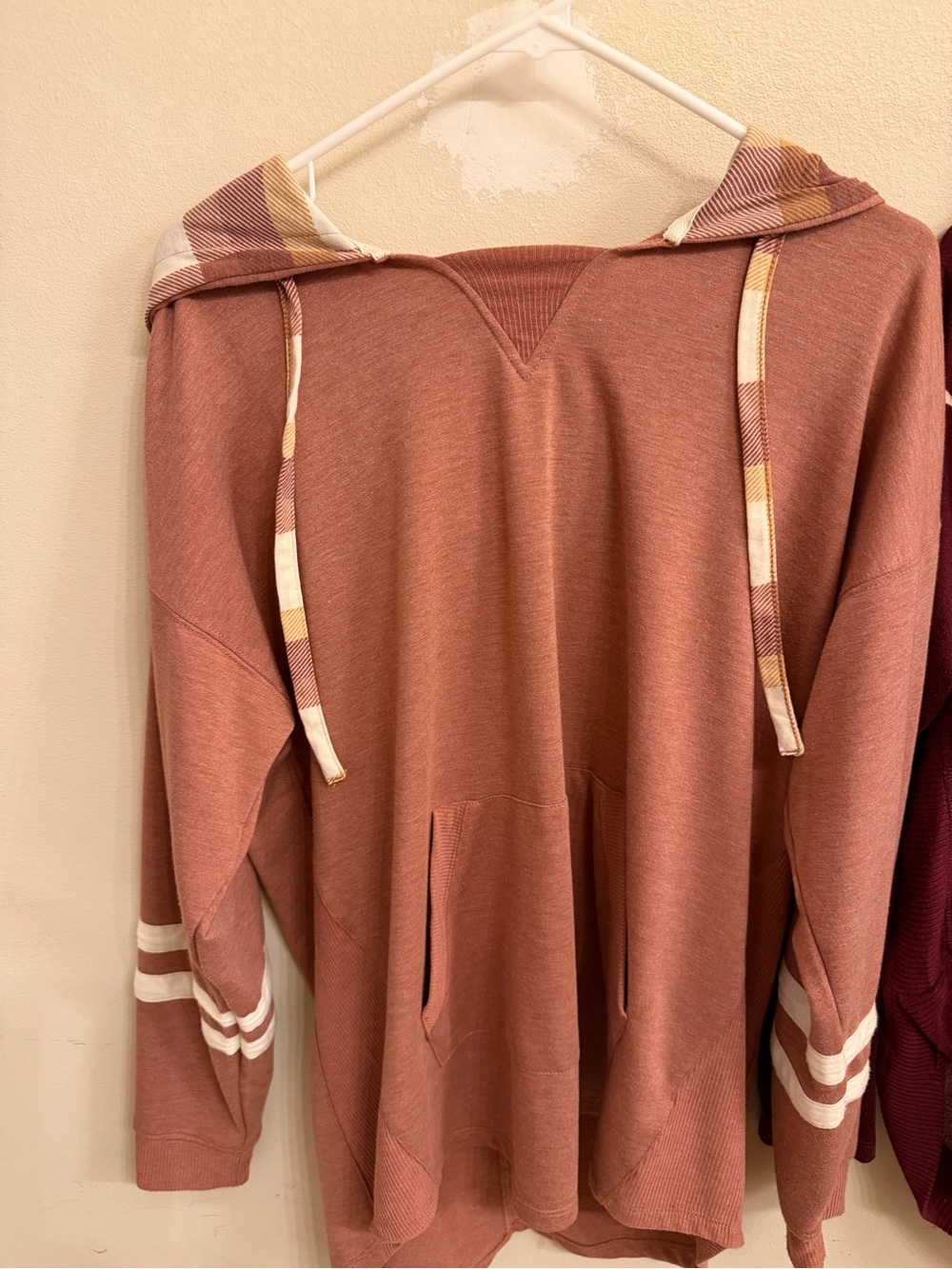 Maurices Rosewood Plaid-Trim Hooded Pullover Sweater